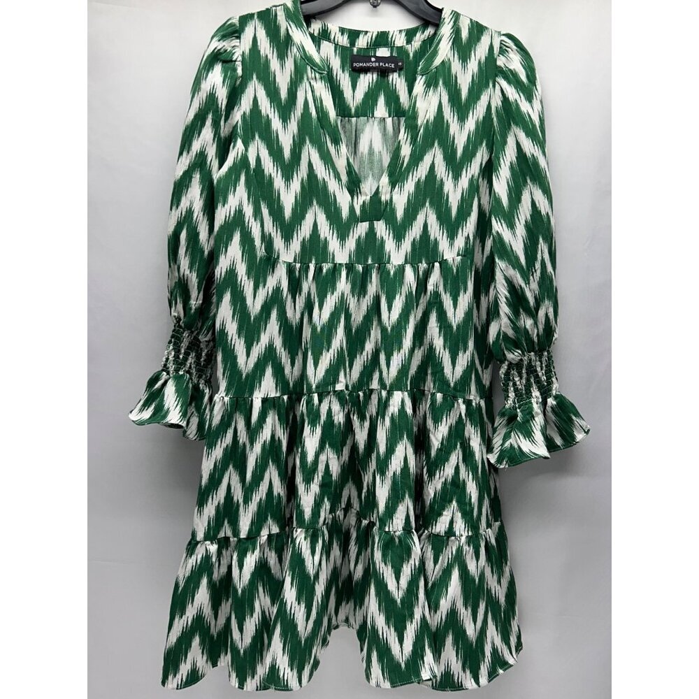 Pomander Place Ikat Kenzo Dress XS Green White Chevron Print Tiered V-Neck Ruffl